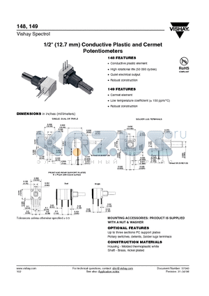 149SSJ40F103SE datasheet - 1/2 (12.7 mm) Conductive Plastic and Cermet Potentiometers