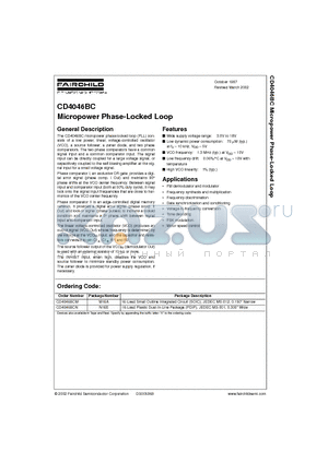 CD4046BCNX datasheet - Micropower Phase-Locked Loop