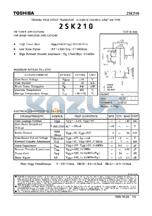 2SK210 datasheet - N CHANNEL JUNCTION TYPE (FM TUNER, VHF BAND AMPLIFIER APPLICATIONS)