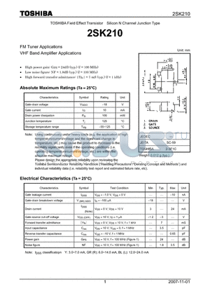 2SK210 datasheet - Silicon N Channel Junction Type FM Tuner Applications