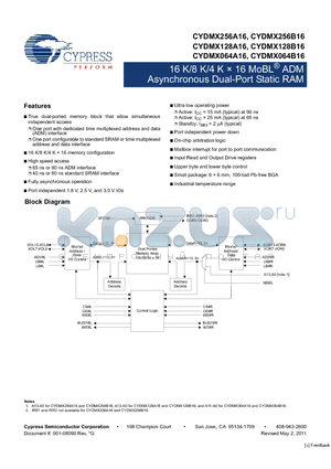 CYDMX064A16-90BVXI datasheet - 16 K/8 K/4 K x 16 MoBL ADM 16 K/8 K/4 K x 16 MoBL ADM High speed access