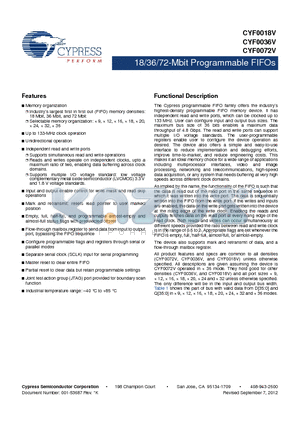 CYF0018V datasheet - 18/36/72 Mbit Programmable FIFOs Master reset to clear entire FIFO