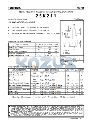 2SK211 datasheet - N CHANNEL JUNCTION TYPE (FM TUNER, VHF BAND AMPLIFIER APPLICATIONS)