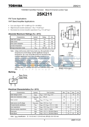 2SK211 datasheet - Silicon N Channel Junction Type FM Tuner Applications