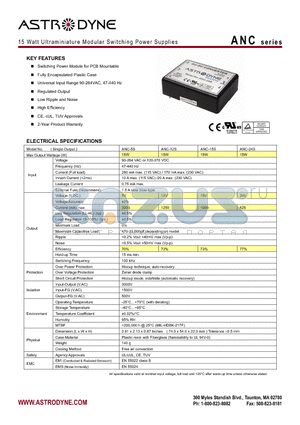 ANC datasheet - 15 Watt Ultraminiature Modular Switching Power Supplies