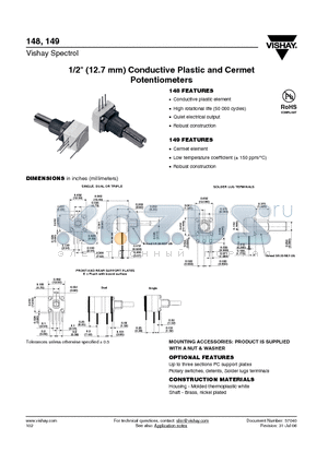 149SXN40S103ZE datasheet - 1/2 (12.7 mm) Conductive Plastic and Cermet Potentiometers