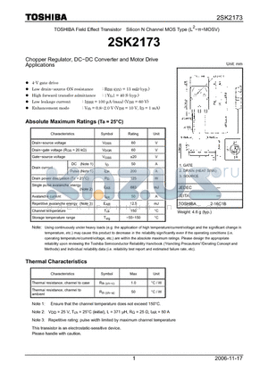 2SK2173 datasheet - Silicon N Channel MOS Type Chopper Regulator, DC−DC Converter and Motor Drive Applications