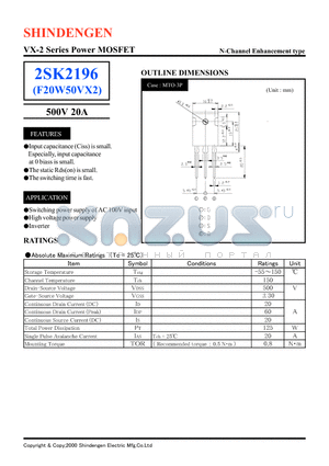 2SK2196 datasheet - VX-2 Series Power MOSFET(500V 20A)