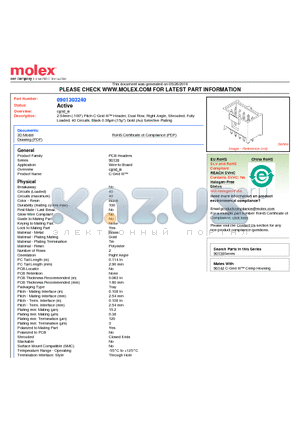 0901303240 datasheet - 2.54mm (.100) Pitch C-Grid III Header, Dual Row, Right Angle, Shrouded, Fully Loaded, 40 Circuits, Black 0.38lm (15l) Gold (Au) Selective Plating