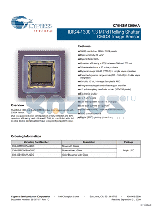 CYII4SM1300AA-QDC datasheet - IBIS4-1300 1.3 MPxl Rolling Shutter CMOS Image Sensor