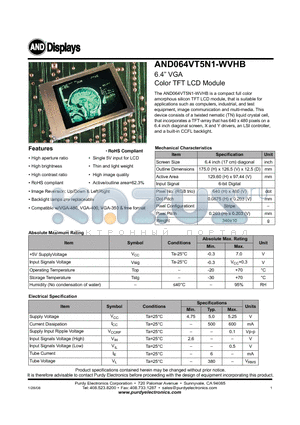 AND064VT5N1-WVHB datasheet - Color TFT LCD Module