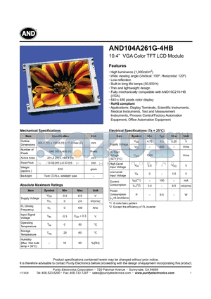 AND104A261G-4HB datasheet - 10.4 VGA Color TFT LCD Module