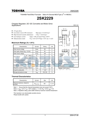 2SK2229 datasheet - Silicon N Channel MOS Type Chopper Regulator, DC−DC Converter and Motor Drive Applications