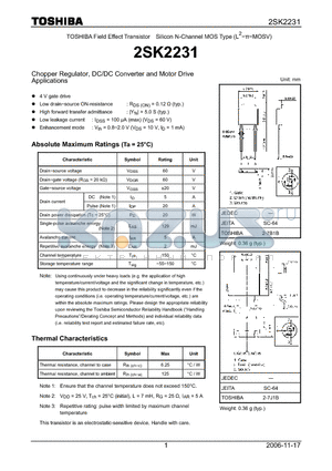 2SK2231 datasheet - N CHANNEL MOS TYPE (HIGH SPEED, HIGH VOLTAGE SWITCHING, CHOPPER REGULATOR, DC-DC CONVERTER AND MOTOR DRIVE APPLICATIONS)