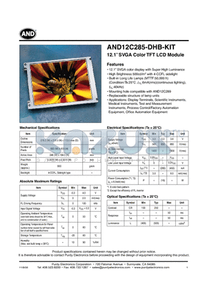 AND12C285-DHB-KIT datasheet - SVGA Color TFT LCD Module