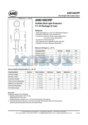 AND180CRP datasheet - GaAlAs Red Light Emission T-1 3/4 Package (5 mm)