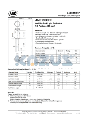 AND190CRP datasheet - Ultra Bright LED Lamps GaAlAs Red Light Emission T-3 Package (10 mm)