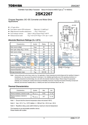 2SK2267 datasheet - N CHANNEL MOS TYPE (HIGH SPEED, HIGH VOLTAGE SWITCHING, CHOPPER REGULATOR, DC-DC CONVERTER AND MOTOR DRIVE APPLICATIONS)
