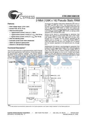 CYK128K16MCCBU-55BVI datasheet - 2-Mbit (128K x 16) Pseudo Static RAM