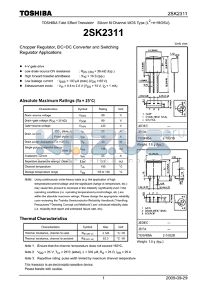 2SK2311 datasheet - Chopper Regulator, DC−DC Converter and Switching Regulator Applications