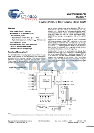 CYK256K16MCCB datasheet - 4-Mbit (256K x 16) Pseudo Static RAM