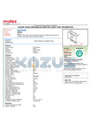 0901362330 datasheet - 2.54mm (.100) Pitch C-Grid III Header, Single Row, Right Angle, Shrouded, 30 Circuits, 0.76lm (30l) Gold (Au) Selective Plating