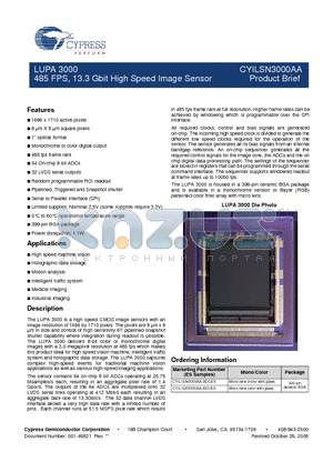 CYILSN3000AA datasheet - 485 FPS, 13.3 Gbit High Speed Image Sensor