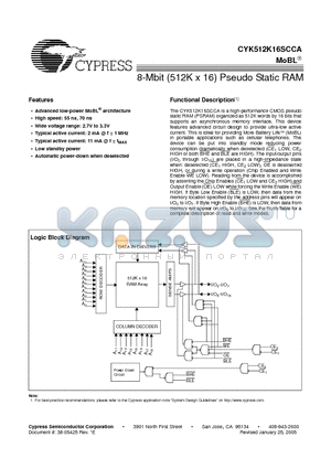 CYK512K16SCCAU-70BAI datasheet - 8-Mbit (512K x 16) Pseudo Static RAM