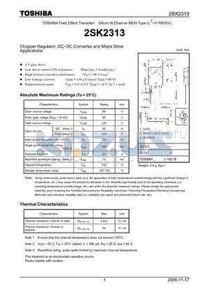 2SK2313 datasheet - Chopper Regulator, DC−DC Converter and Motor Drive Applications