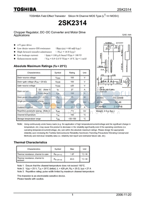 2SK2314 datasheet - Chopper Regulator, DC−DC Converter and Motor Drive Applications