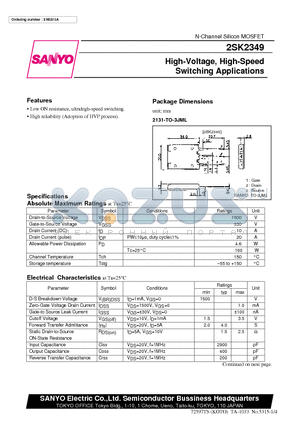 2SK2349 datasheet - High-Voltage, High-Speed Switching Applications