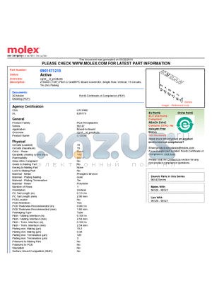 0901471215 datasheet - 2.54mm (.100) Pitch C-Grid^ PC Board Connector, Single Row, Vertical, 15 Circuits, Tin (Sn) Plating