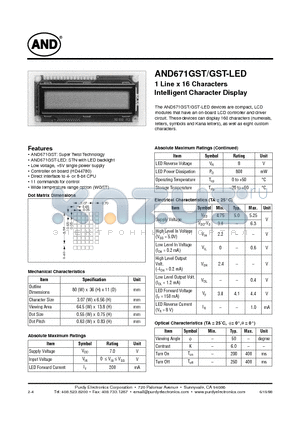 AND671GST datasheet - 1 Line x 16 Characters Intelligent Character Display