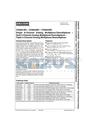 CD4052BCN datasheet - Single 8-Channel Analog Multiplexer/Demultiplexer Dual 4-Channel Analog Multiplexer/Demultiplexer Triple 2-Channel Analog Multiplexer/Demultiplexer