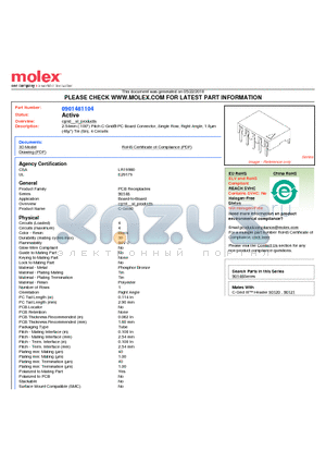 0901481104 datasheet - 2.54mm (.100) Pitch C-Grid^ PC Board Connector, Single Row, Right Angle, 1.0lm (40l) Tin (Sn), 4 Circuits