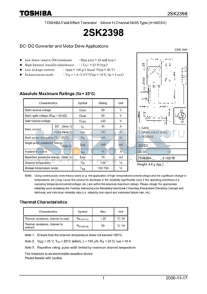 2SK2398 datasheet - Silicon N Channel MOS Type DC−DC Converter and Motor Drive Applications