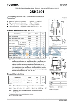 2SK2401 datasheet - Silicon N Channel MOS Type Chopper Regulator, DC−DC Converter and Motor Drive Applications