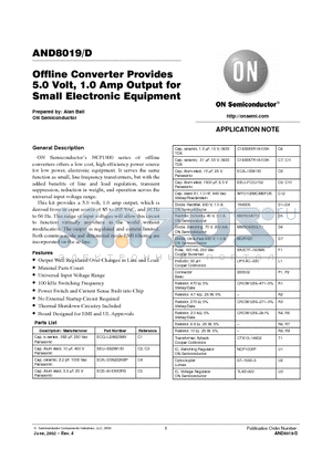 AND8019D datasheet - Offline Converter Provides 5.0 Volt, 1.0 Amp Output for Small Electronic Equipment