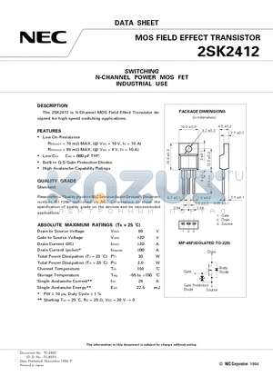 2SK2412 datasheet - SWITCHING N-CHANNEL POWER MOS FET INDUSTRIAL USE