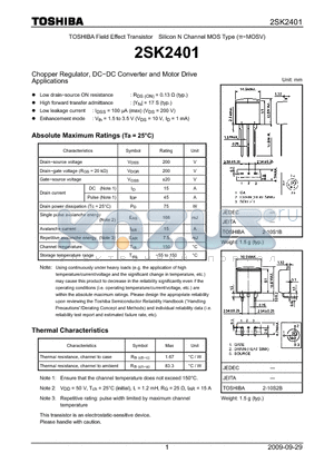 2SK2401_09 datasheet - Chopper Regulator, DC−DC Converter and Motor Drive Applications