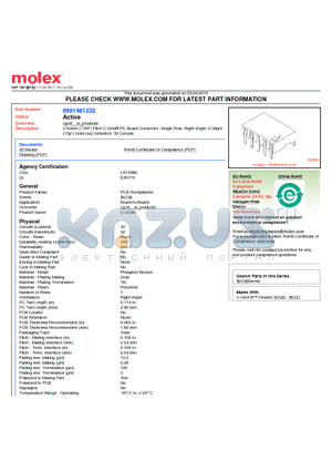 0901481232 datasheet - 2.54mm (.100) Pitch C-Grid^ PC Board Connector, Single Row, Right Angle, 0.38lm (15l) Gold (Au) Selective, 32 Circuits