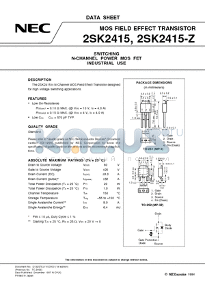2SK2415 datasheet - SWITCHING N-CHANNEL POWER MOS FET INDUSTRIAL USE