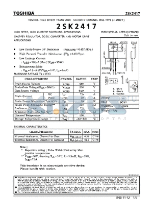 2SK2417 datasheet - N CHANNEL MOS TYPE (HIGH SPEED, HIGH VOLTAGE SWITCHING, CHOPPER REGULATOR, DC-DC CONVERTER AND MOTOR DRIVE APPLICATIONS)