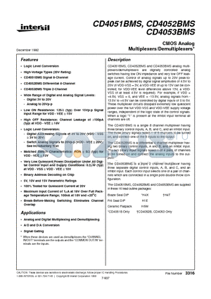 CD4052BMS datasheet - CMOS Analog Multiplexers/Demultiplexers