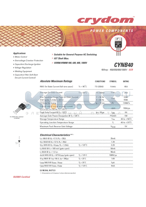 CYNB40-800PT datasheet - 40Amp - 400/600/800/1000V - SCR
