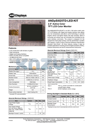 ANDPSI025TD-LED datasheet - TFT LCD Color Monitor
