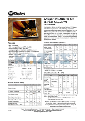 ANDPSI121GAOS-HB datasheet - 12.1 XGA Color p-Si TFT LCD Module