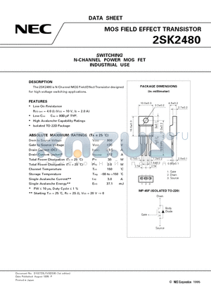 2SK2480 datasheet - SWITCHING N-CHANNEL POWER MOS FET INDUSTRIAL USE