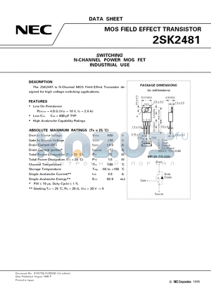 2SK2481 datasheet - SWITCHING N-CHANNEL POWER MOS FET INDUSTRIAL USE