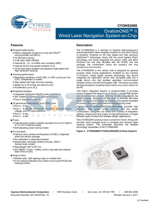 CYONS2000 datasheet - OvationONS II Wired Laser Navigation System-on-Chip